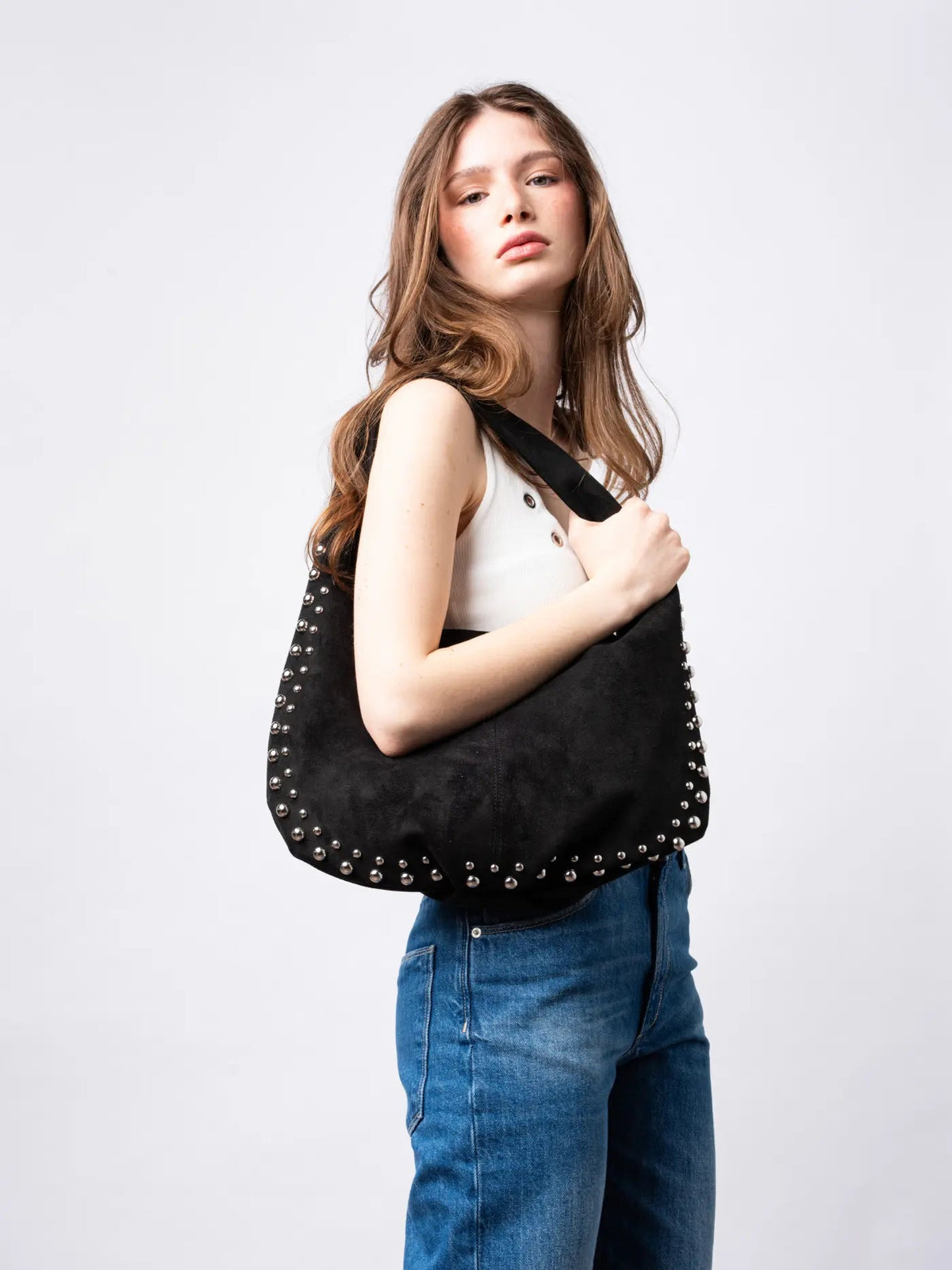 Studded Suede Shoulder Bag