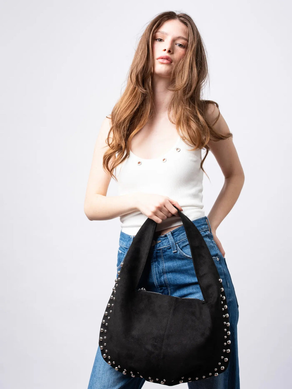 Studded Suede Shoulder Bag