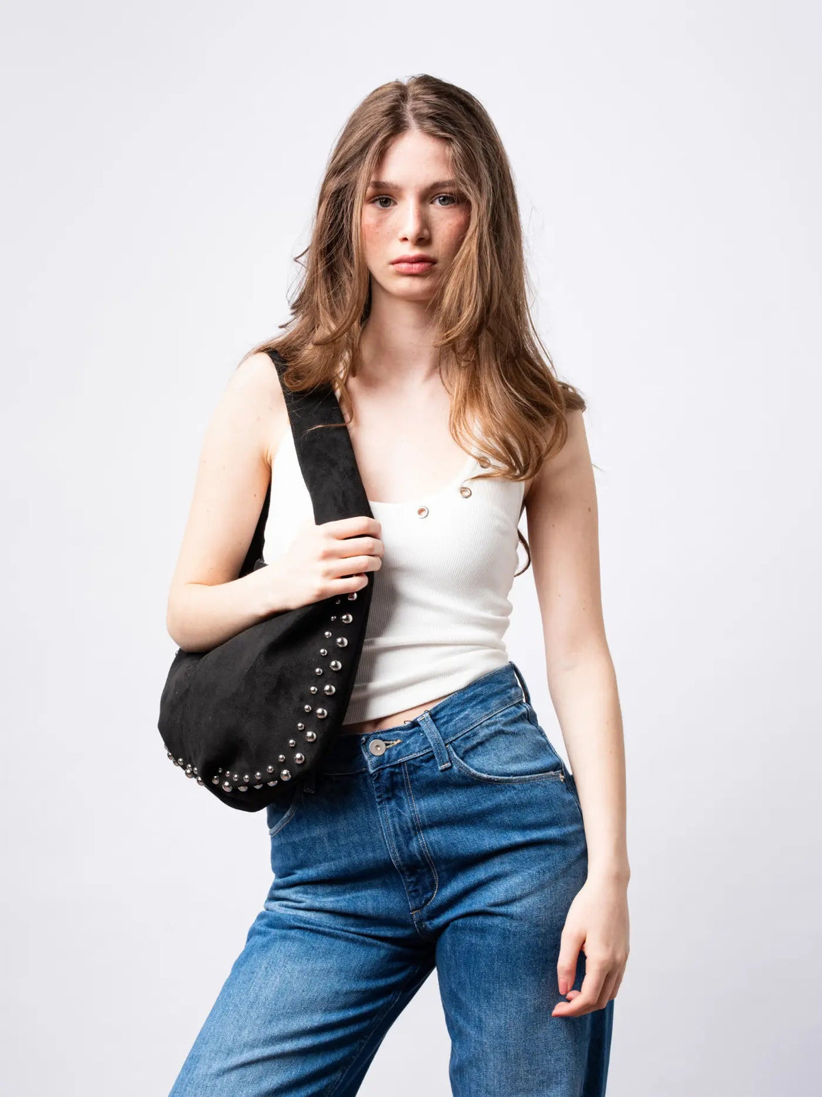 Studded Suede Shoulder Bag